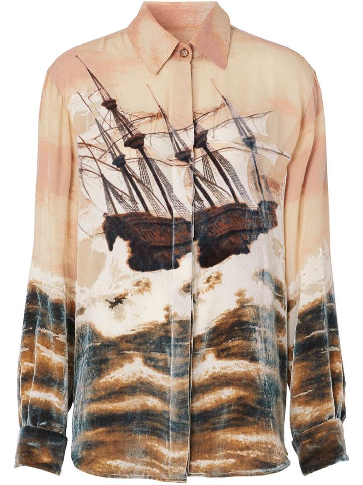 Burberry Ship Print Devoré Silk Blend Oversized Shirt - Neutrals