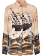 Burberry Ship Print Devoré Silk Blend Oversized Shirt - Neutrals