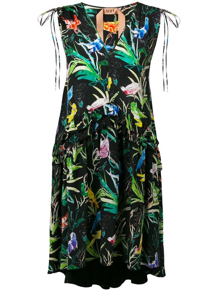 No21 Bird Print V-neck Dress, Women's, Size: 40, Black, Silk/acetate