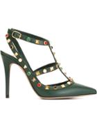 Valentino Rockstud Rolling Pumps, Women's, Size: 38.5, Green, Calf Leather/leather/metal Other