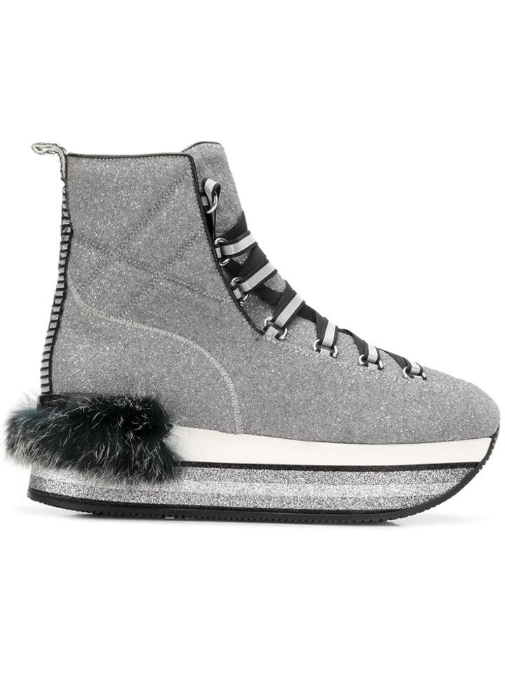 Hogan Maxi H222 Rabbit Fur Ankle Boots - Silver