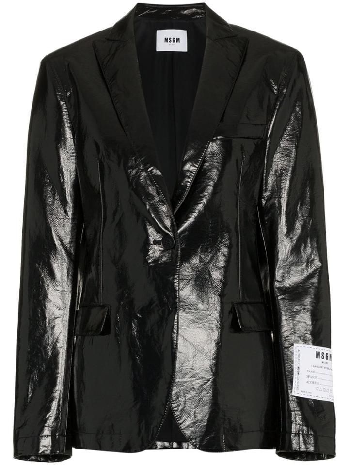 Msgm Single-breasted Logo Patch Vinyl Blazer - Black