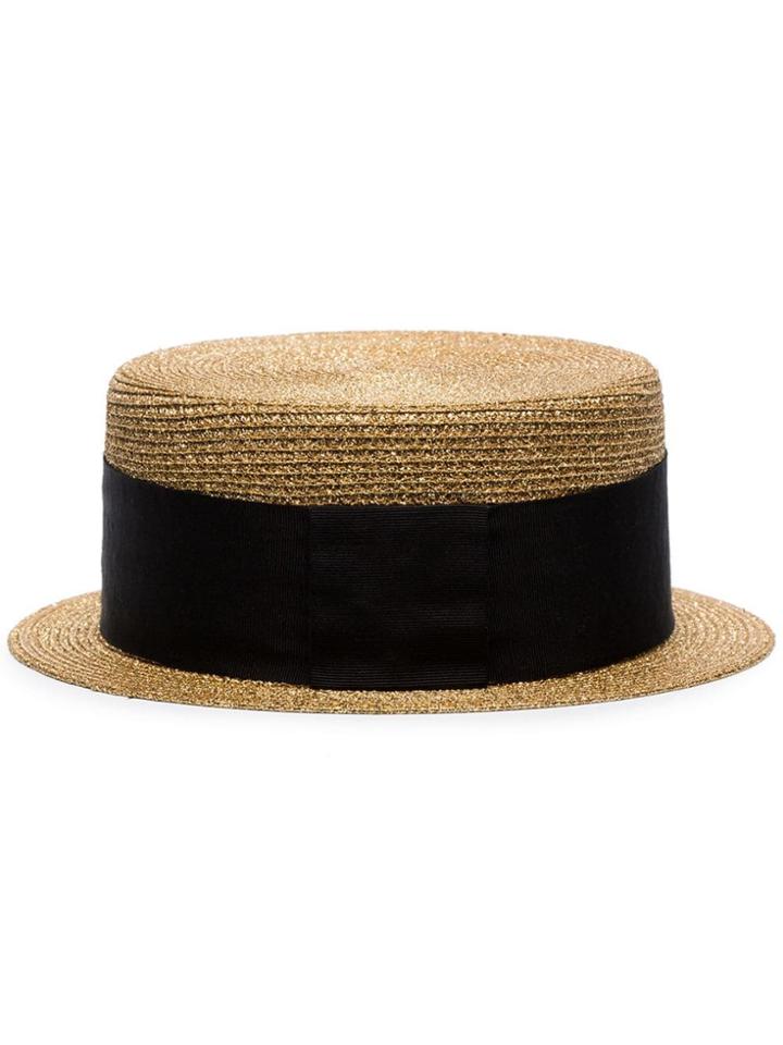 Saint Laurent Metallic Gold And Black Small Straw Boater Hat