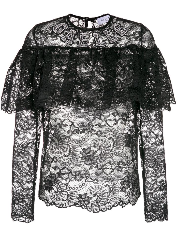 Gaelle Bonheur Sheer Lace Blouse With Frill Detail - Black