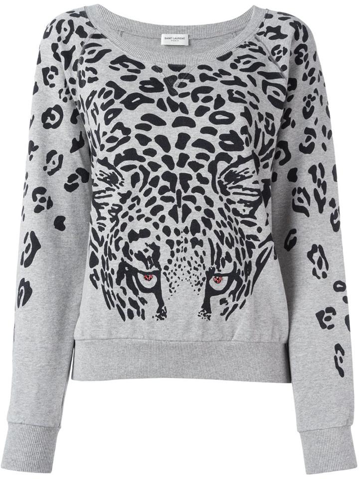 Saint Laurent Leopard Print Sweatshirt, Women's, Size: Xs, Grey, Cotton/spandex/elastane/metal (other)