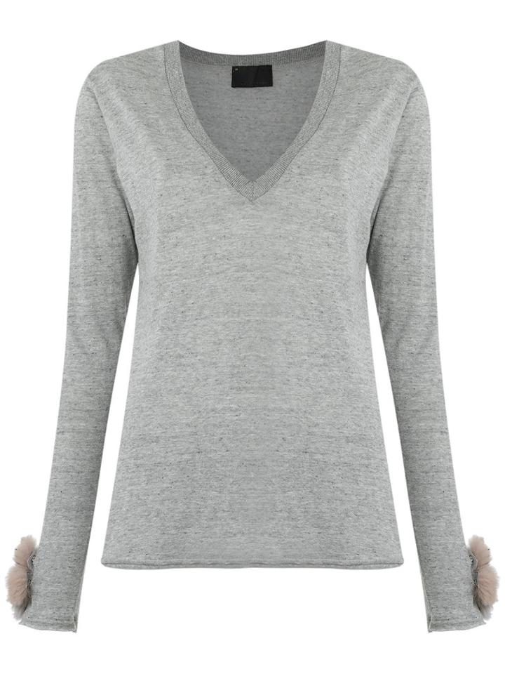 Andrea Bogosian - Pompom T-shirt - Women - Cotton/rabbit Fur - G, Grey, Cotton/rabbit Fur