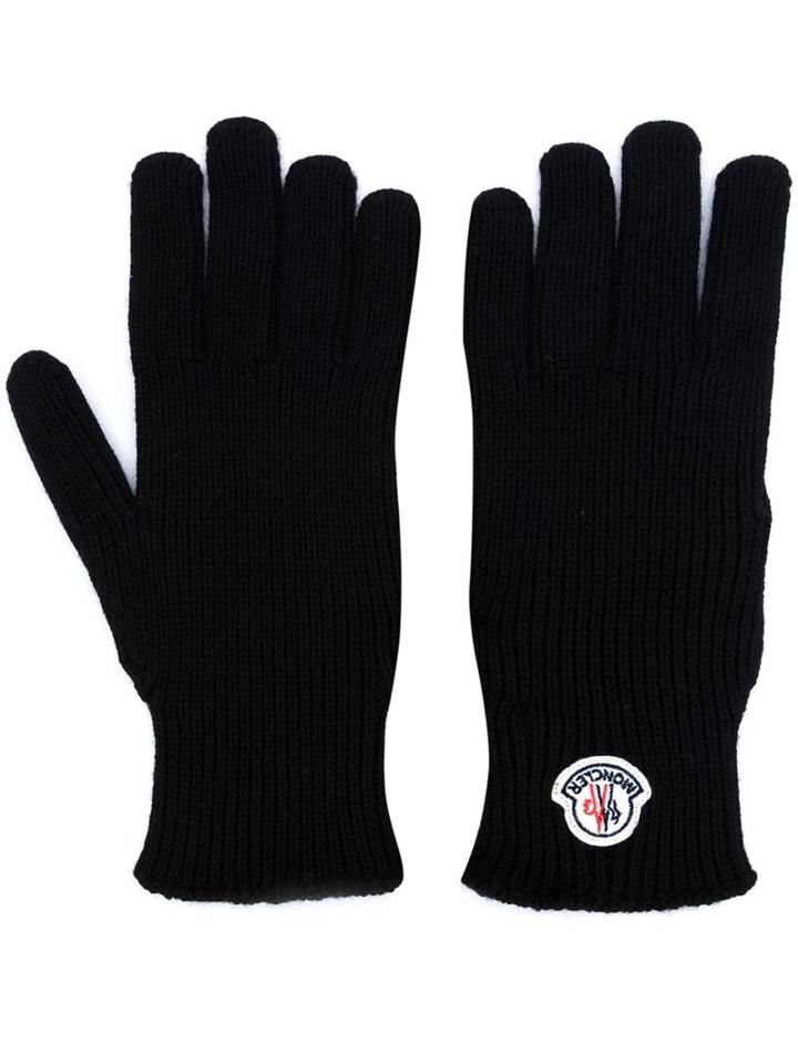 Moncler Logo Plaque Gloves, Men's, Size: Large, Black, Virgin Wool