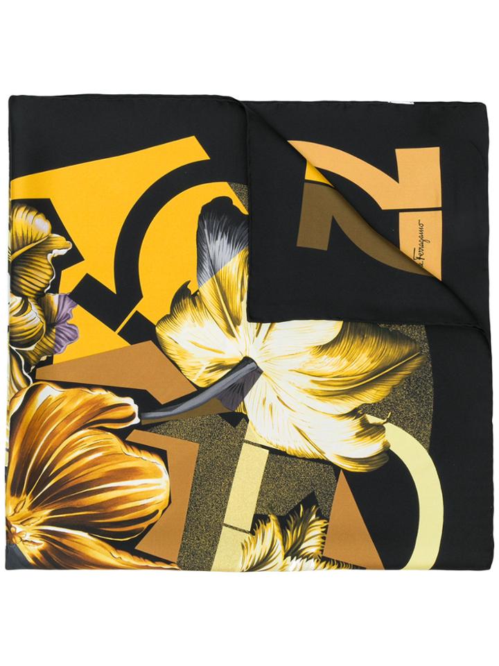 Salvatore Ferragamo Gancini And Flowers Print Scarf - Black