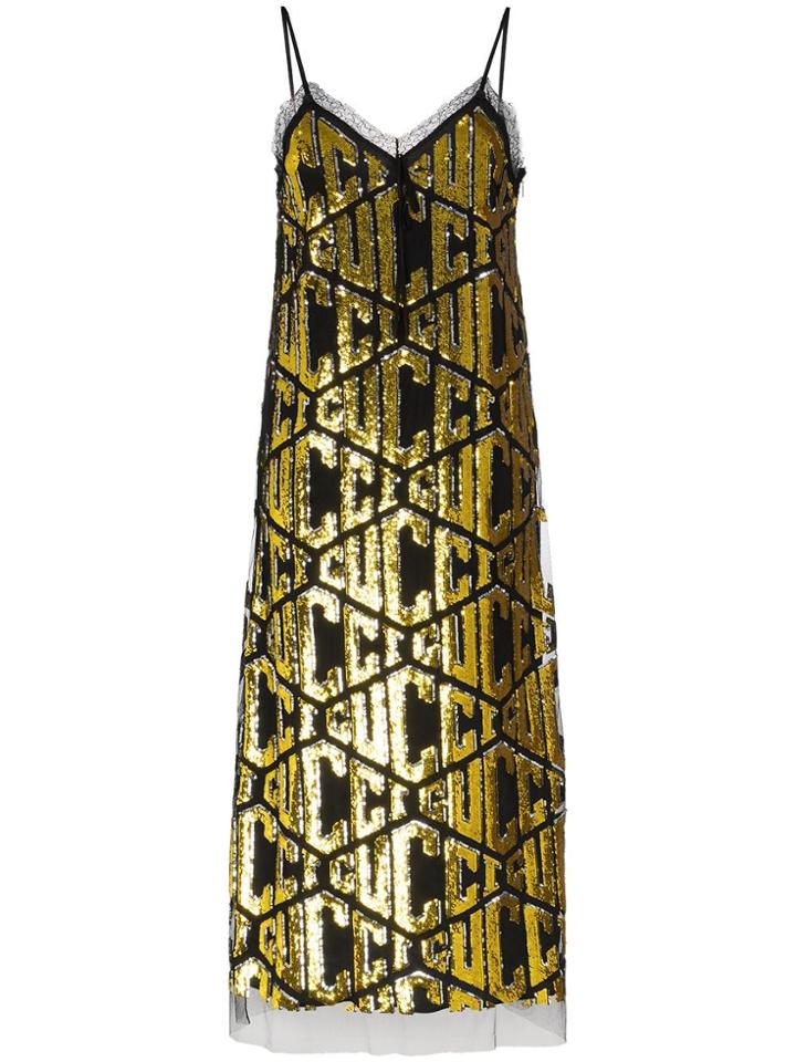 Gucci Lace Trimmed Sequin Logo Cotton Blend Dress - Metallic