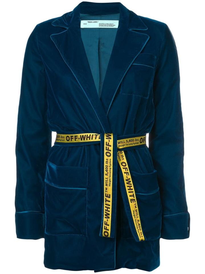 Off-white Longline Belted Velvet Blazer - Blue