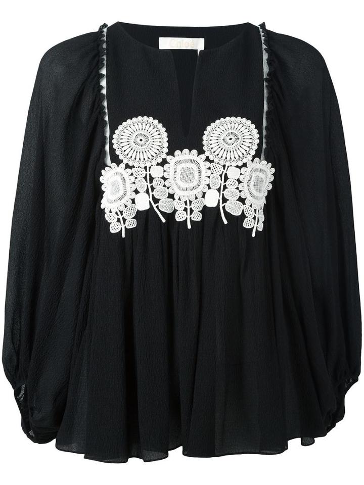 Chloé Embroidered Sunflower Blouse, Women's, Size: 36, Black, Silk/cotton/polyester