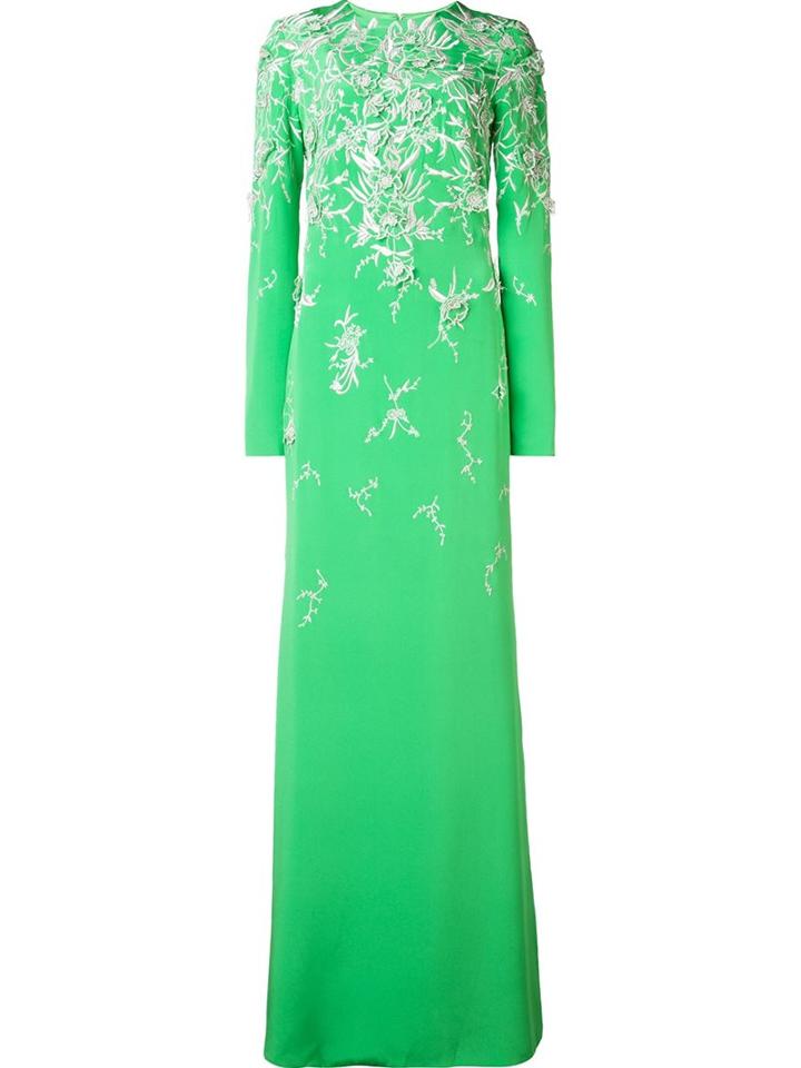 Monique Lhuillier Embroidered Long Sleeved Gown, Women's, Size: 4, Green, Silk