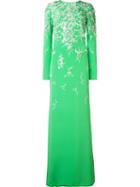 Monique Lhuillier Embroidered Long Sleeved Gown, Women's, Size: 4, Green, Silk