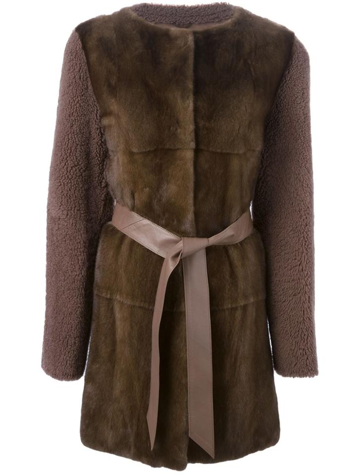 Liska Contrasting Front Belted Coat - Brown