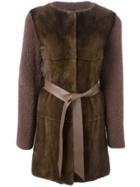 Liska Contrasting Front Belted Coat - Brown