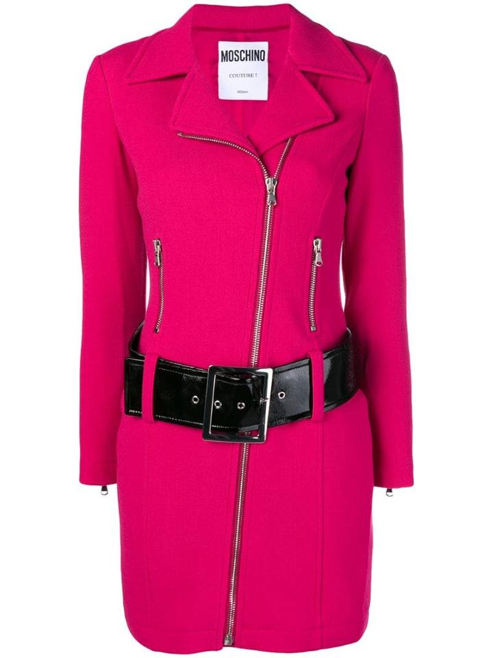 Moschino Long Belted Biker Jacket - Pink