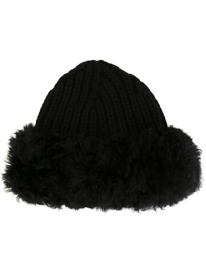 Dolce & Gabbana Fur Trim Ribbed Hat, Size: Small, Black, Cashmere