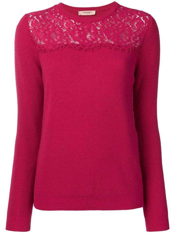 Twin-set Lace Panel Sweater - Pink & Purple