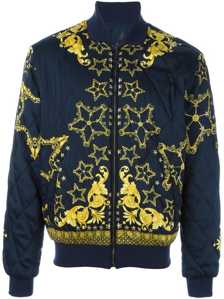 Versace Collection Baroque Star Bomber Jacket, Men's, Size: 50, Blue, Acrylic/polyamide/polyester/wool