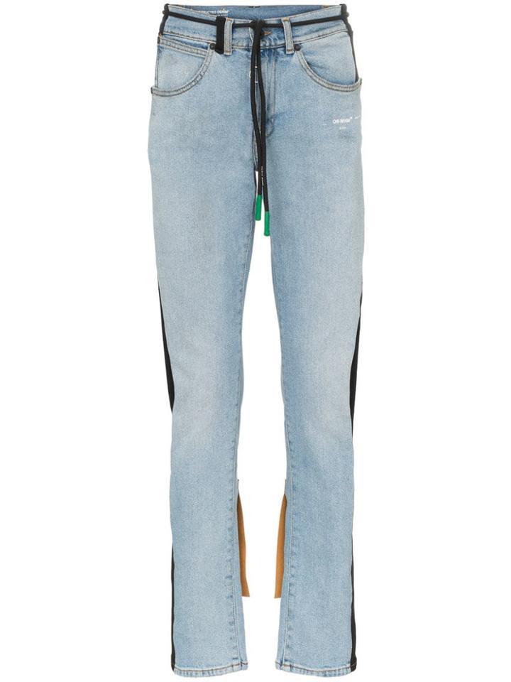 Off-white Striped Diagonal Stripe Print Slim Jeans - Blue