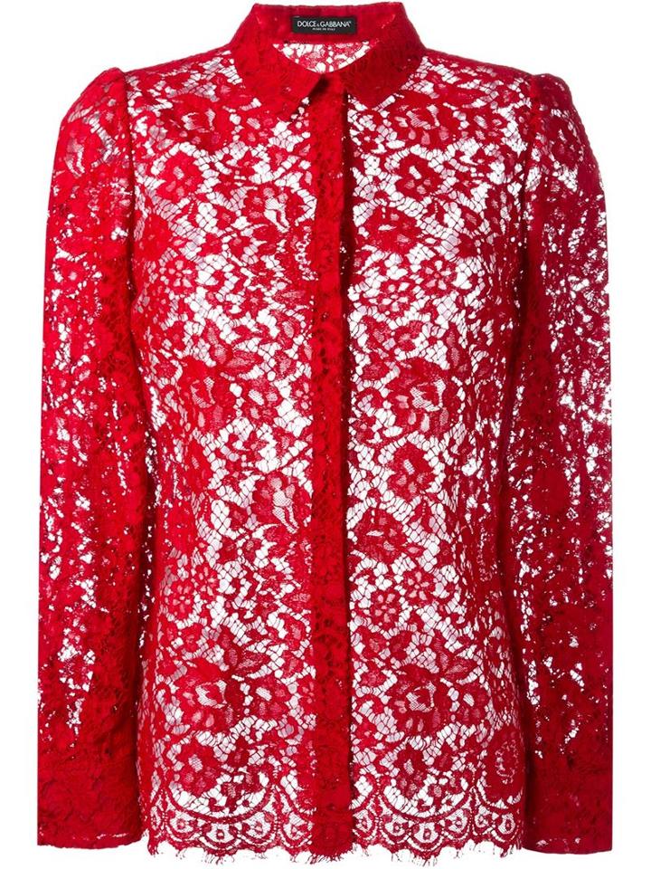 Dolce & Gabbana Sheer Floral Lace Shirt, Women's, Size: 44, Red, Cotton/viscose/polyamide