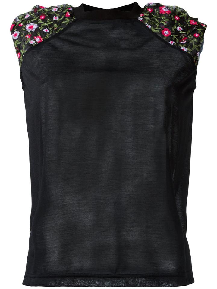 Kolor - Shoulder Embroidered Flowers T-shirt - Women - Cotton/polyester - 3, Black, Cotton/polyester
