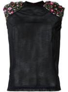 Kolor - Shoulder Embroidered Flowers T-shirt - Women - Cotton/polyester - 3, Black, Cotton/polyester