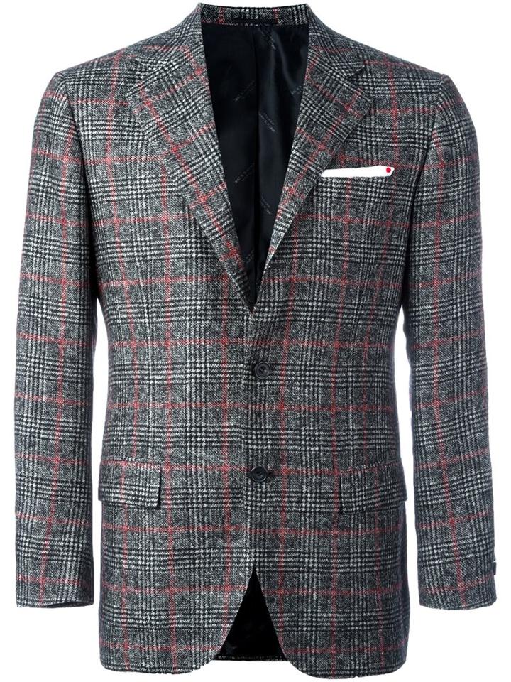 Kiton Tartan Check Suit Jacket, Men's, Size: 48, Black, Nylon/wool/alpaca
