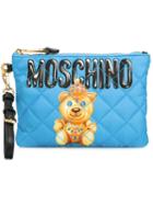 Moschino Bear Print Clutch, Women's, Blue, Polyester/leather