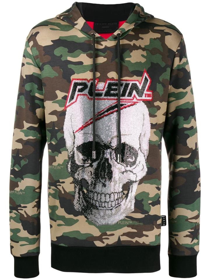 Philipp Plein Rhinestone Skull Camouflage Hoodie - Green