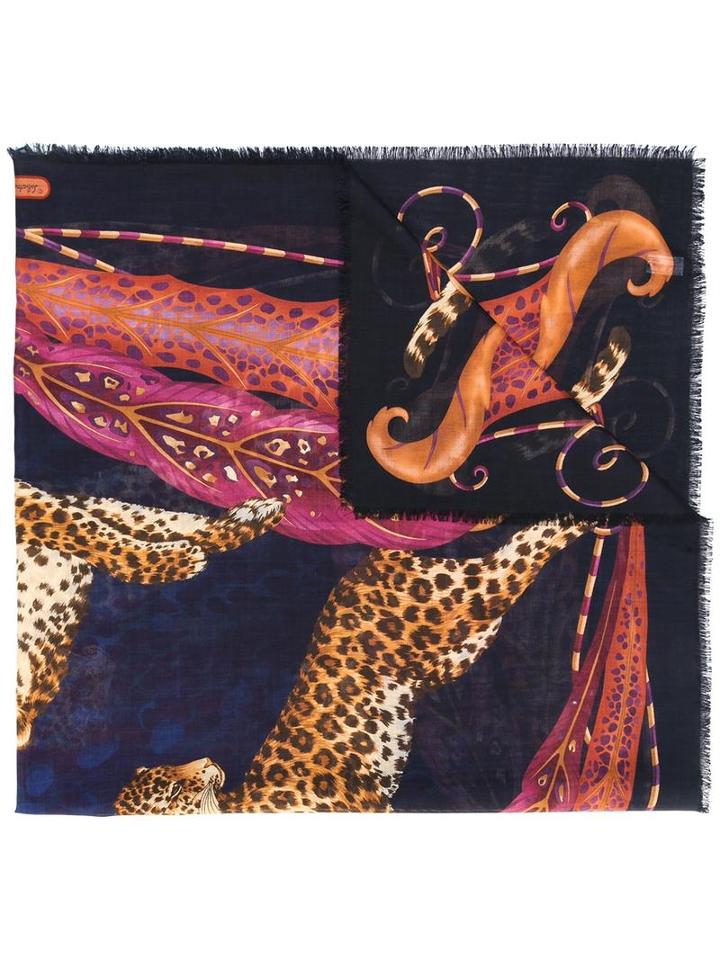 Salvatore Ferragamo Leopard Print Scarf, Women's, Blue, Silk/cashmere