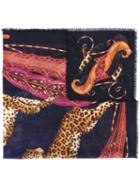 Salvatore Ferragamo Leopard Print Scarf, Women's, Blue, Silk/cashmere