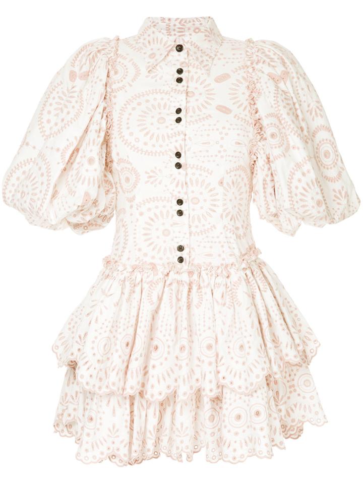 Aje Embroidered Ruffled Dress - White