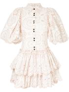 Aje Embroidered Ruffled Dress - White
