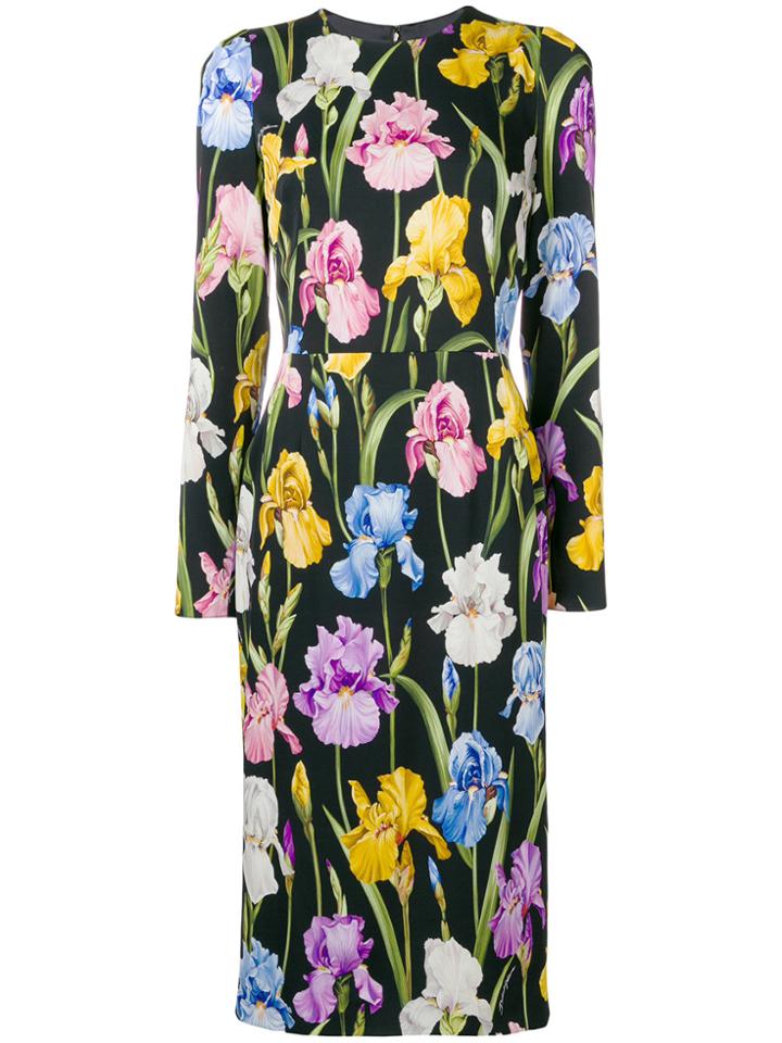 Dolce & Gabbana Iris-print Charmeuse Midi Dress - Black