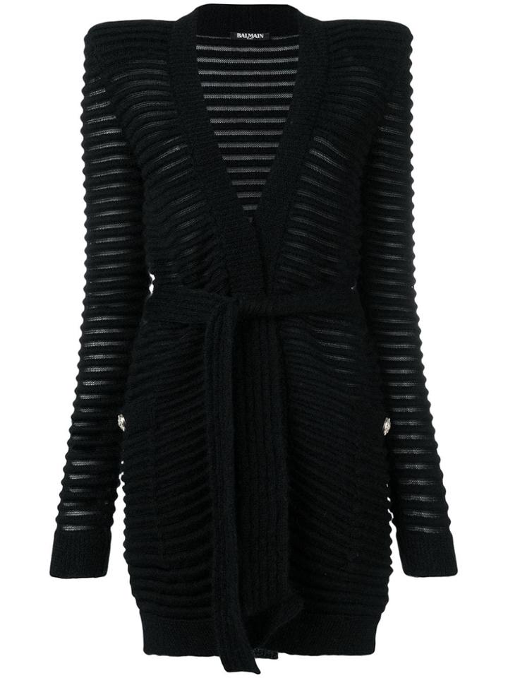 Balmain Ribbed Belted Cardigan - Black