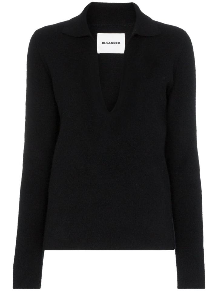 Jil Sander Collared V-neck Knit Jumper - Black