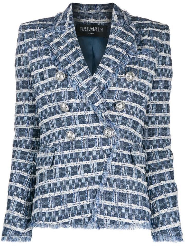 Balmain Tweed Double-breasted Blazer - Blue