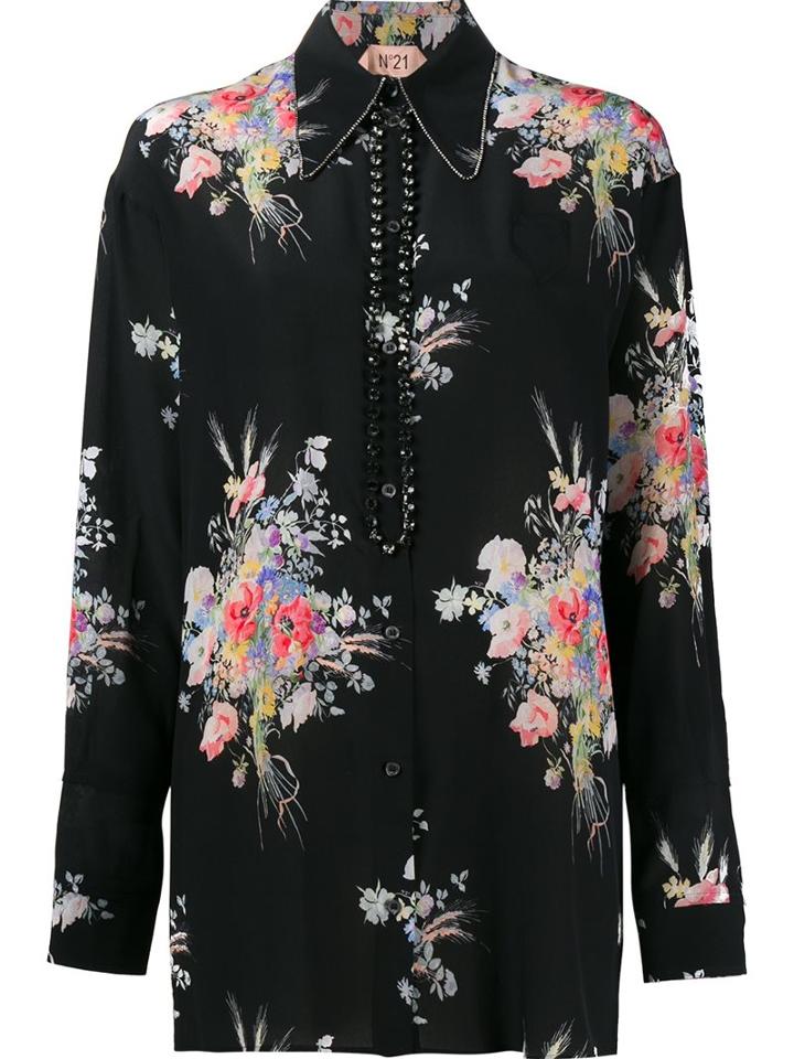 No21 Diamante Trim Floral Shirt, Women's, Size: 40, Black, Silk/metal/glass