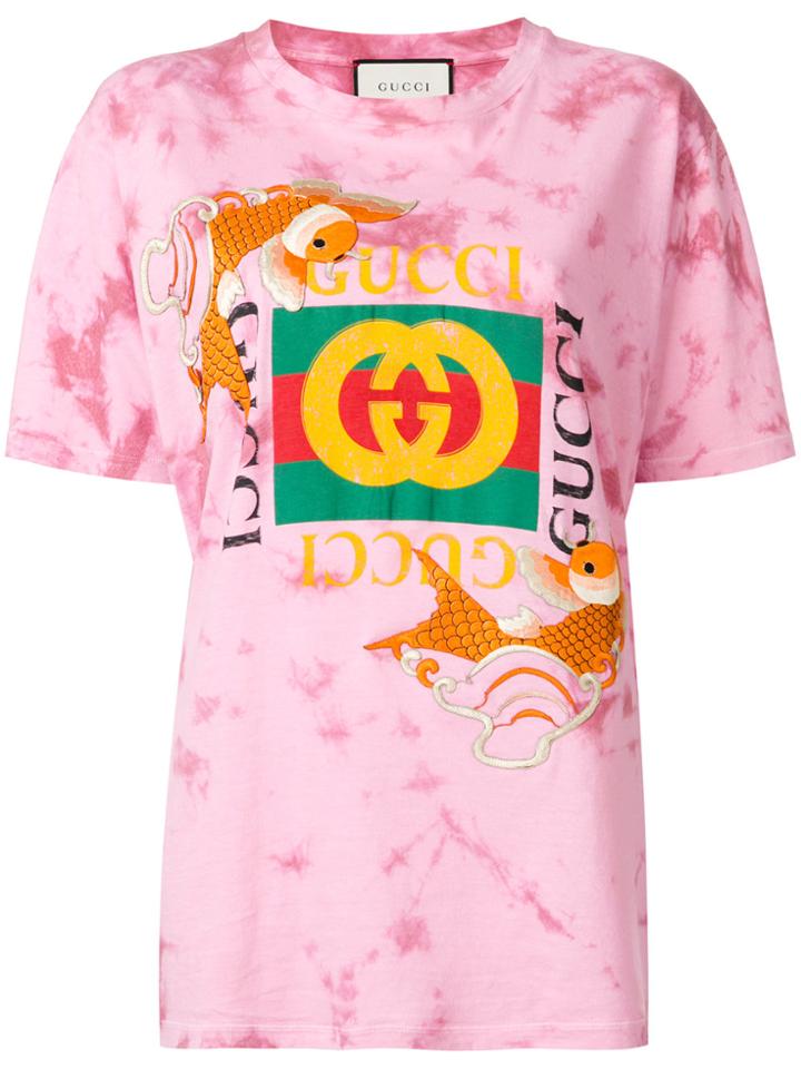 Gucci Fish Embroidered Fake Logo T-shirt - Pink & Purple