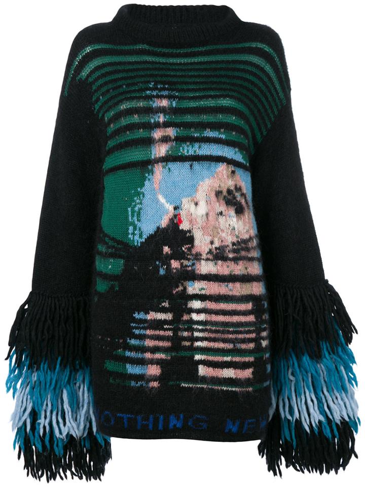 Off-white Jumper With Fringed Sleeves - Black