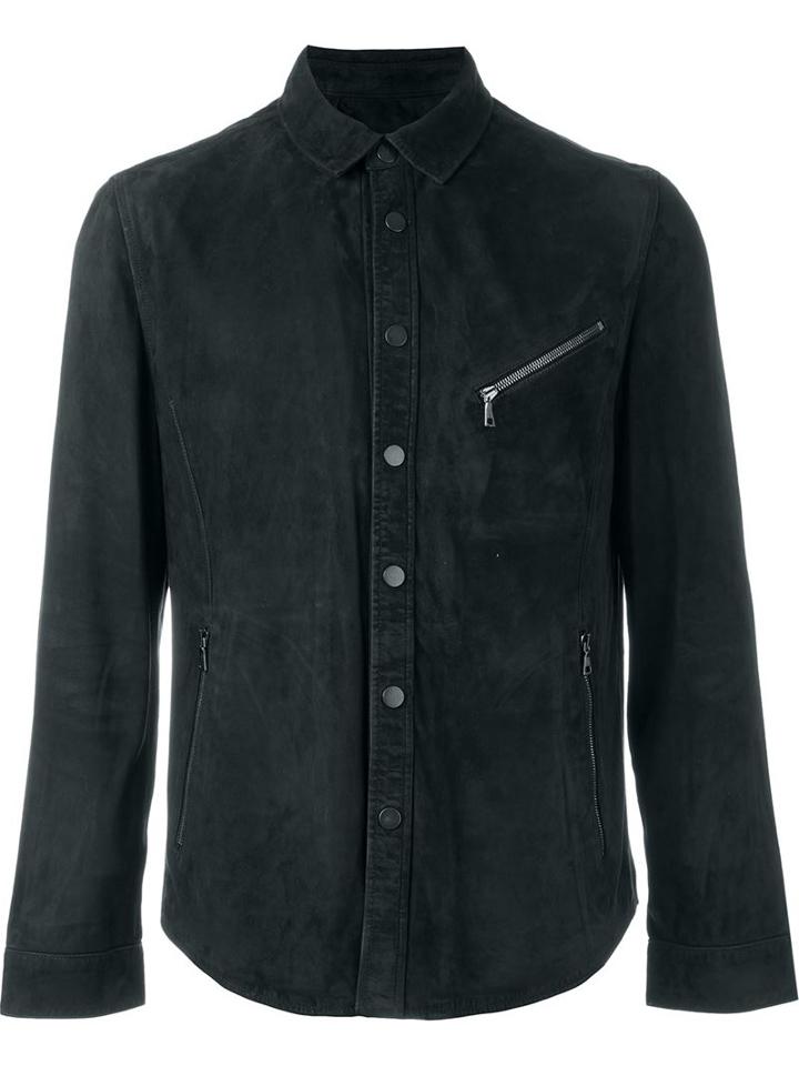 John Varvatos Fitted Zip Detail Button Down Jacket, Men's, Size: 50, Blue, Goat Suede