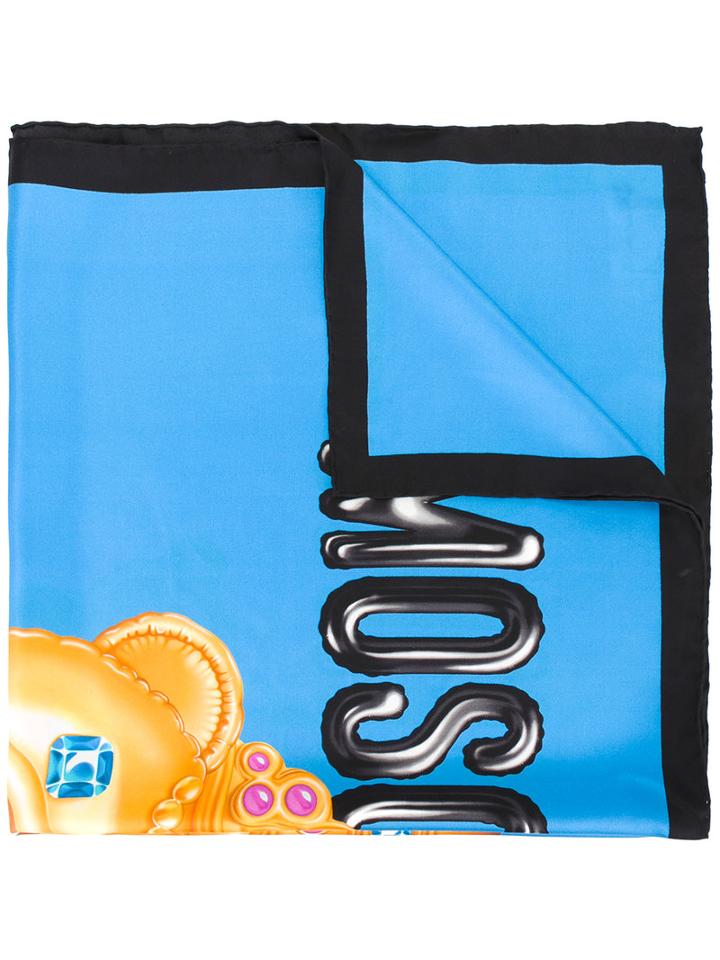 Moschino Crowned Bear Scarf, Women's, Blue, Silk