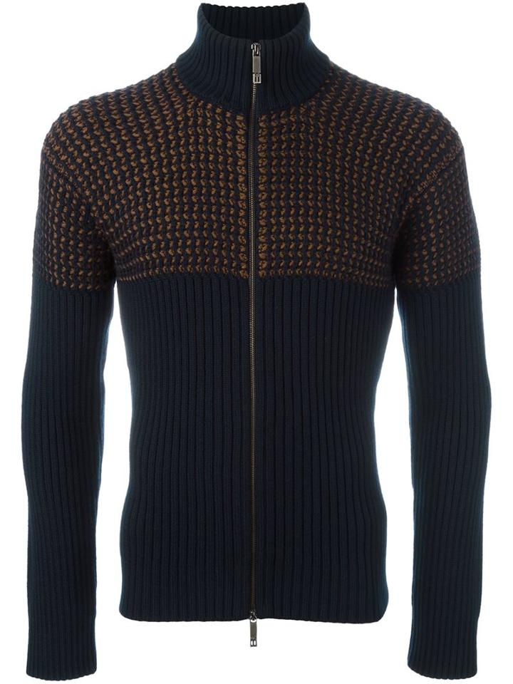 Etro Ribbed Zipped Cardigan, Men's, Size: Medium, Blue, Wool