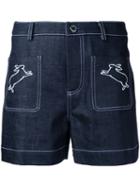 Markus Lupfer Rabbits Embroidered Denim Shorts, Women's, Size: Medium, Blue, Cotton/polyurethane