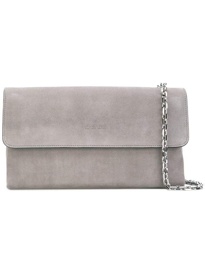 Casadei - Logo Embossed Clutch - Women - Chamois Leather/satin - One Size, Grey, Chamois Leather/satin