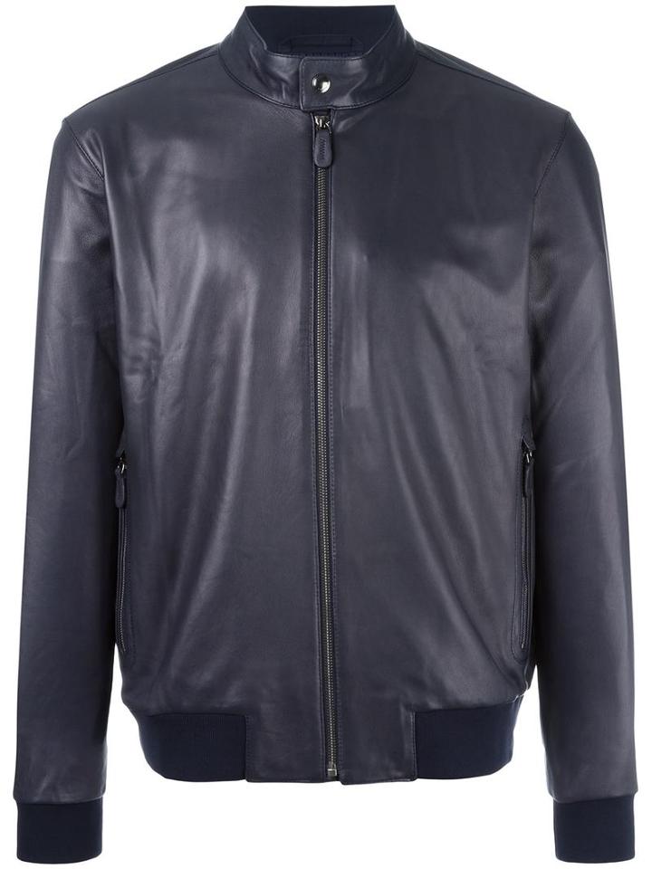 Z Zegna Banded Collar Leather Jacket, Men's, Size: Small, Blue, Lamb Skin/polyester/polyamide
