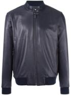 Z Zegna Banded Collar Leather Jacket, Men's, Size: Small, Blue, Lamb Skin/polyester/polyamide