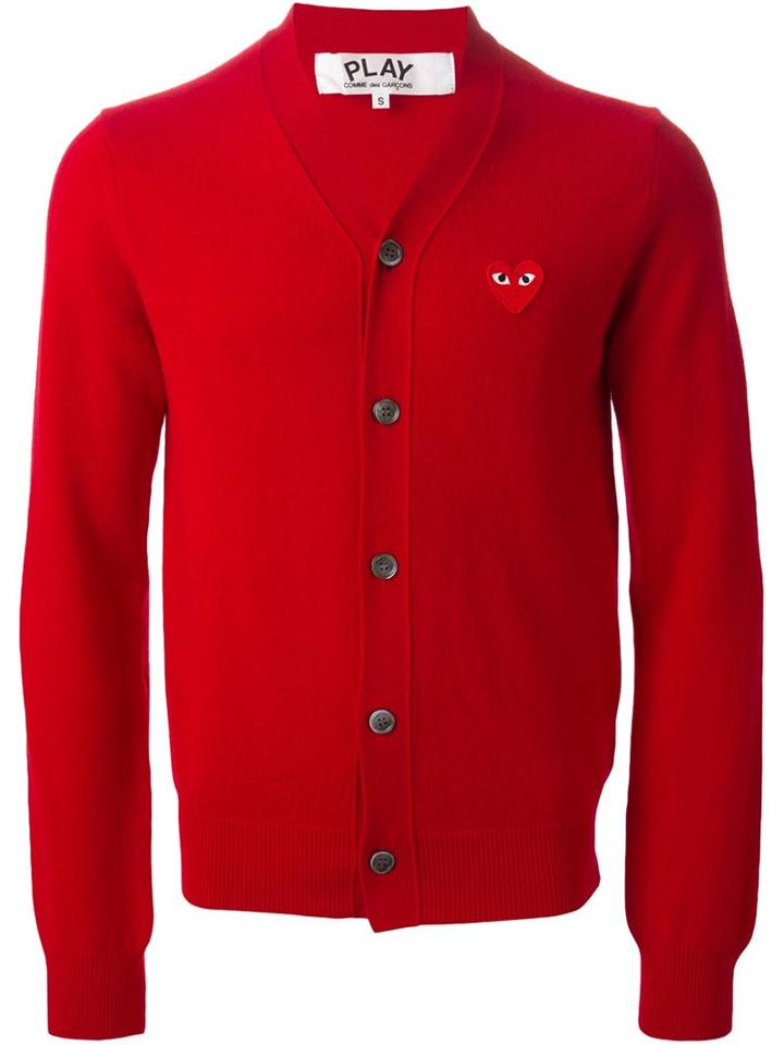 Comme Des Garçons Play Embroidered Heart Cardigan, Men's, Size: Large, Red, Wool