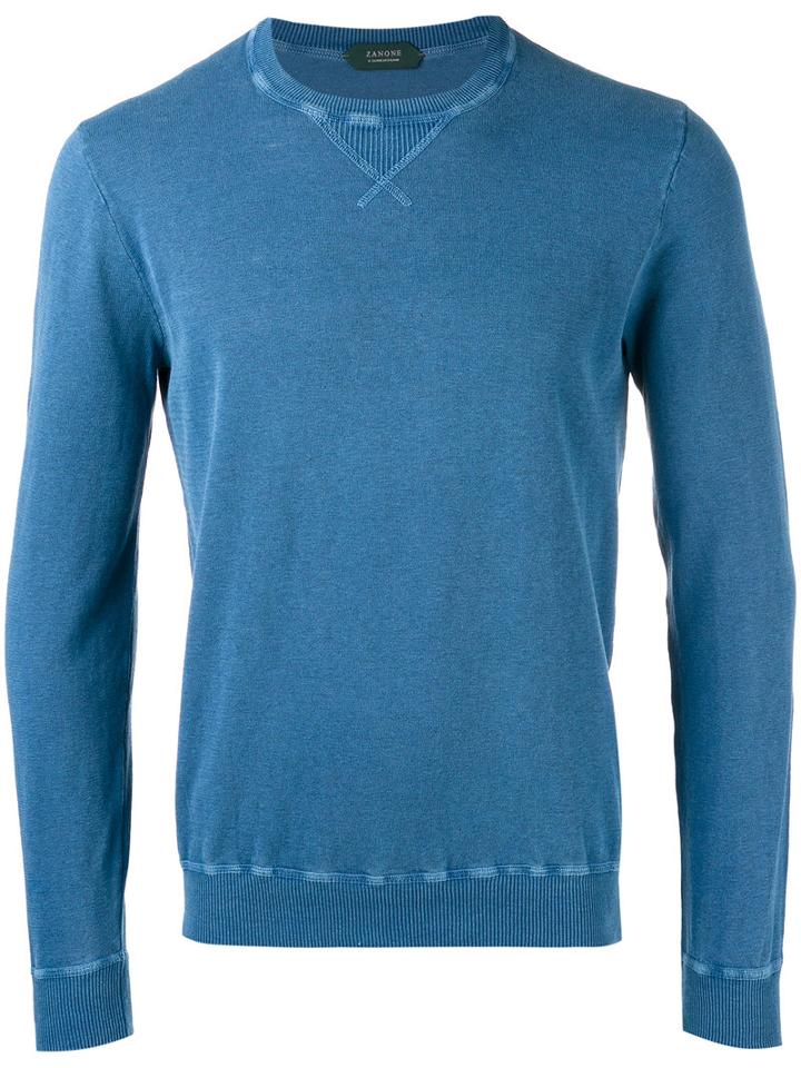 Zanone Crew Neck Jumper, Men's, Size: 52, Blue, Cotton